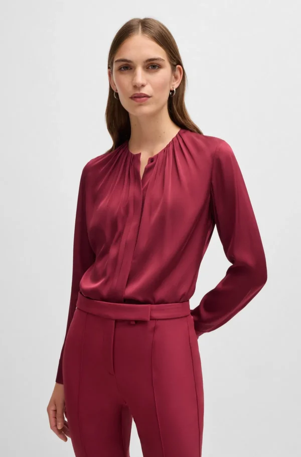 MULHER HUGO BOSS Blusas>Blusa Com Gola Enrufada Em Seda Elástica Crepe De Chine