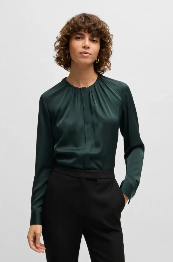 MULHER HUGO BOSS Blusas>Blusa Com Gola Enrufada Em Seda Elástica Crepe De Chine