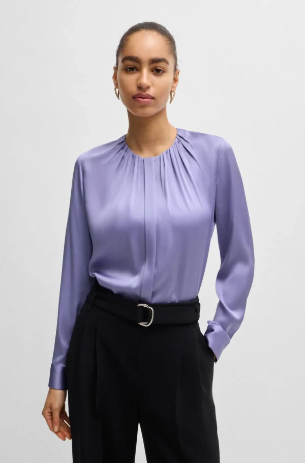 MULHER HUGO BOSS Blusas>Blusa Com Gola Enrufada Em Seda Elástica Crepe De Chine