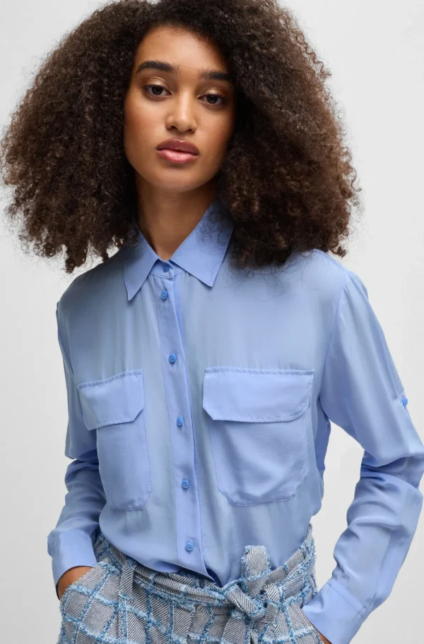 MULHER HUGO BOSS Blusas>Blusa De Ajuste Descontraído Em Lona Sandwashed Com Colarinho Francês