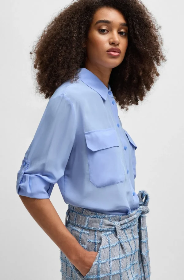 MULHER HUGO BOSS Blusas>Blusa De Ajuste Descontraído Em Lona Sandwashed Com Colarinho Francês