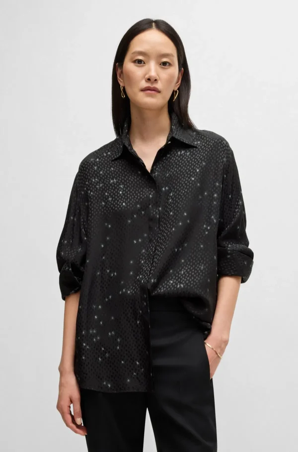 MULHER HUGO BOSS Blusas>Blusa De Ajuste Largo Com Estampado E Jacquard De Pontos