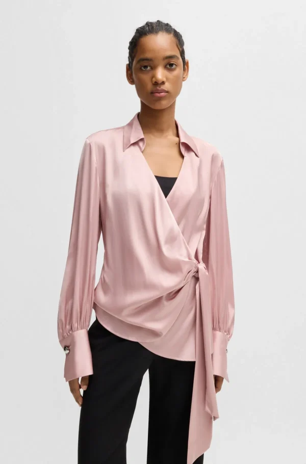 MULHER HUGO BOSS Blusas>Blusa De Ajuste Slim Com Frente Envolvente E Punhos Marcantes