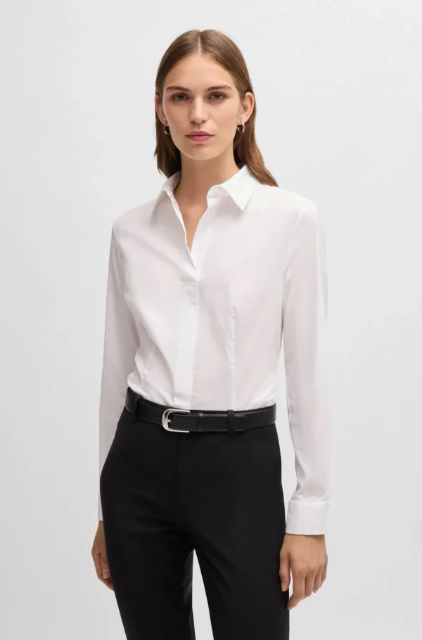 MULHER HUGO BOSS Artigos Essenciais>Blusa De Ajuste Slim Em Mistura De Algodão