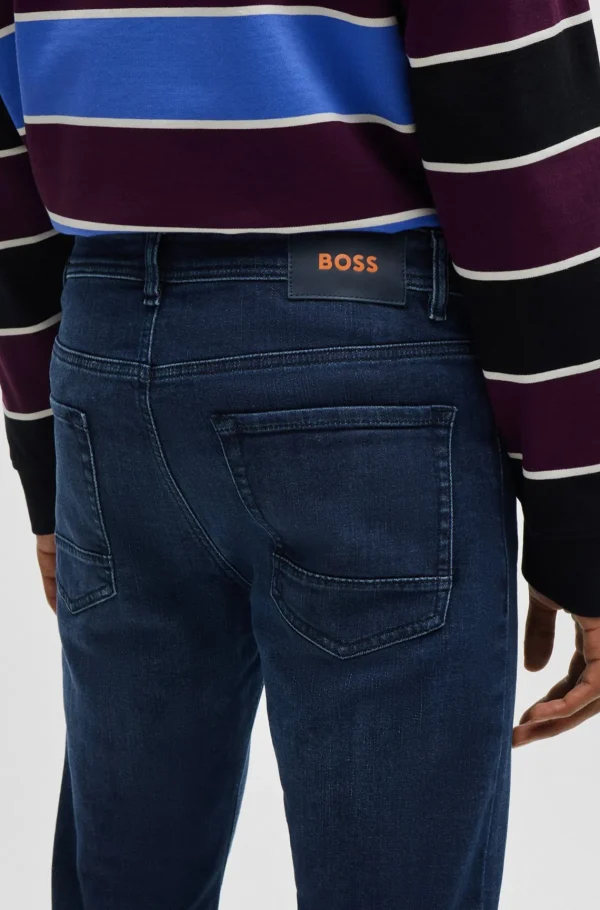 HUGO BOSS Artigos Essenciais>Calças De Ganga Azuis-escuras Com Ajuste Afunilado Em Ganga Muito Elásticas