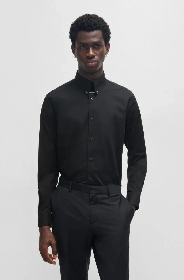 HUGO BOSS Camisas>Camisa De Ajuste Moderno Em Algodão Elástico Com Gola Piccadilly