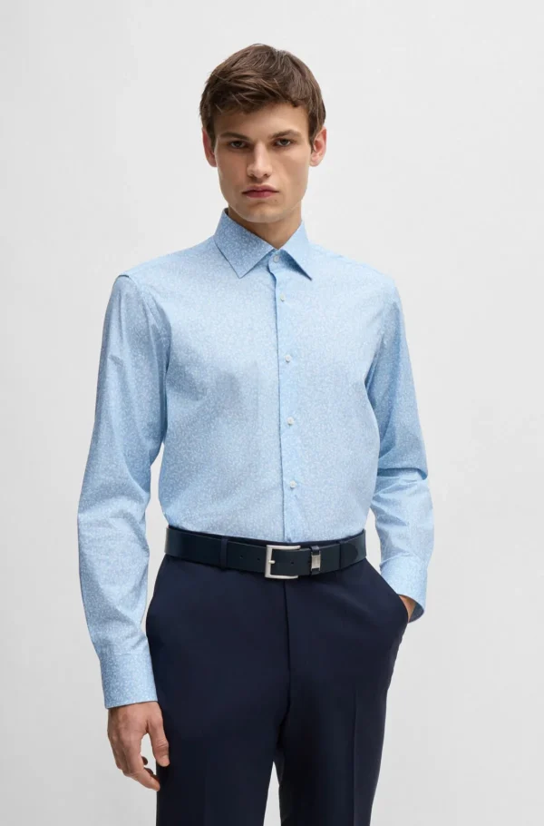 HUGO BOSS Camisas>Camisa De Ajuste Regular Em Popelina Estampada De Algodão Elástico