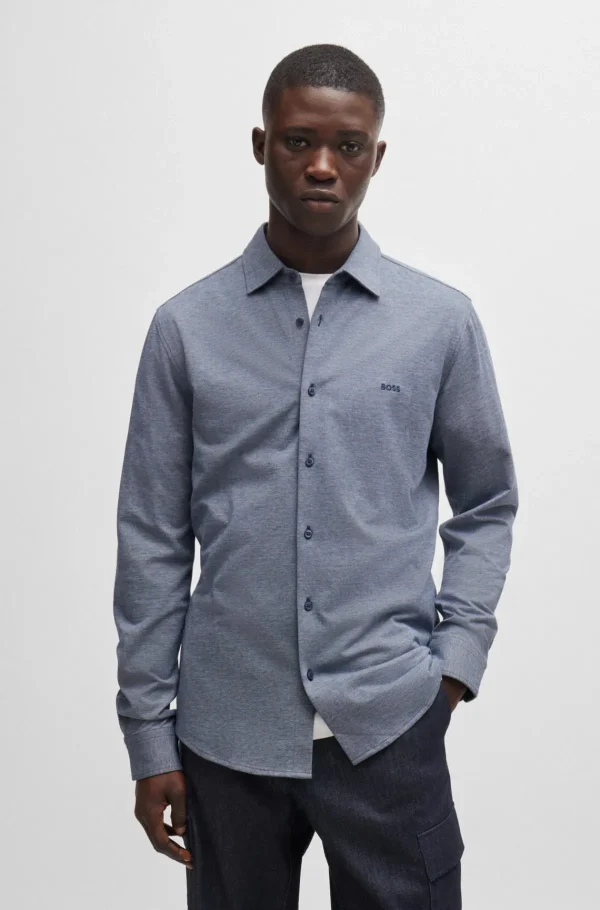 HUGO BOSS Camisas>Camisa De Ajuste Slim Em Algodão Piqué De Mistura