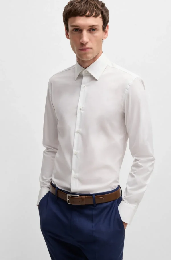 HUGO BOSS Camisas>Camisa De Ajuste Slim Em Popelina De Algodão Elástico Fácil De Engomar