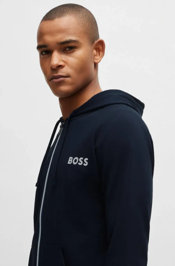 HUGO BOSS Calças E Calções>Camisola Com Capuz Com Fecho Em Terry Francês Com Detalhe De Logótipo