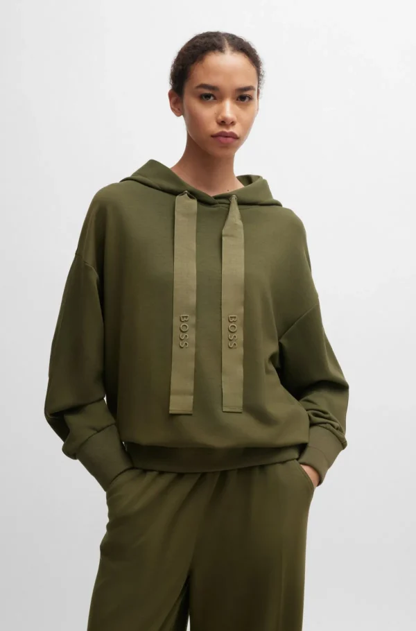 MULHER HUGO BOSS Sweats E Hoodies>Camisola Com Capuz De Ajuste Descontraído Com Fitas De Gorgorão Bordadas Com Logótipo