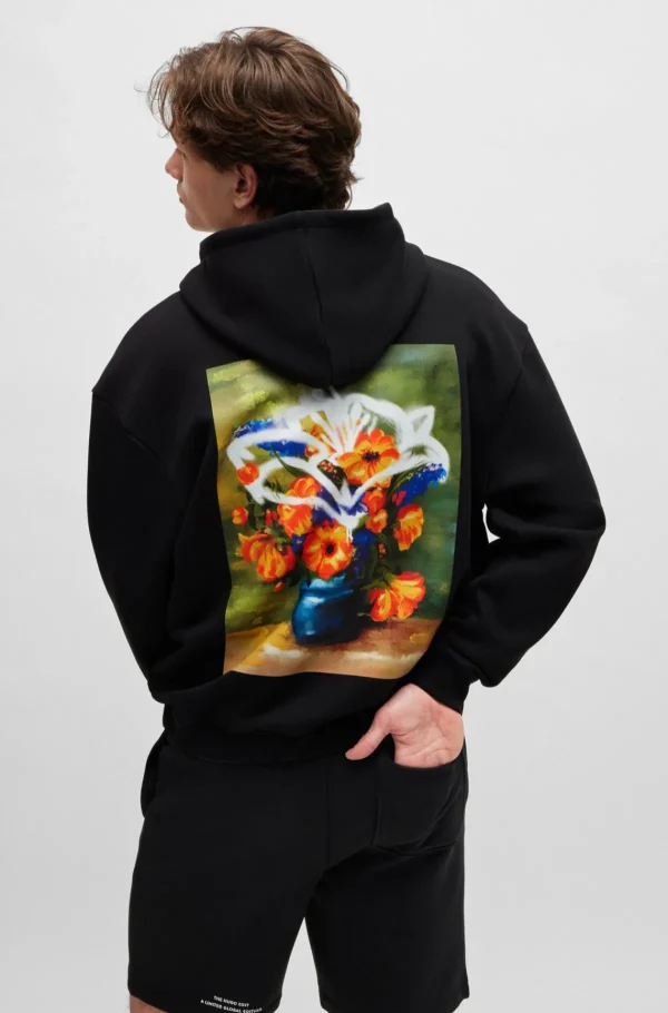 HUGO BOSS Sweats E Hoodies>Camisola Com Capuz De Ajuste Grande Em Mistura De Algodão Com Arte Floral