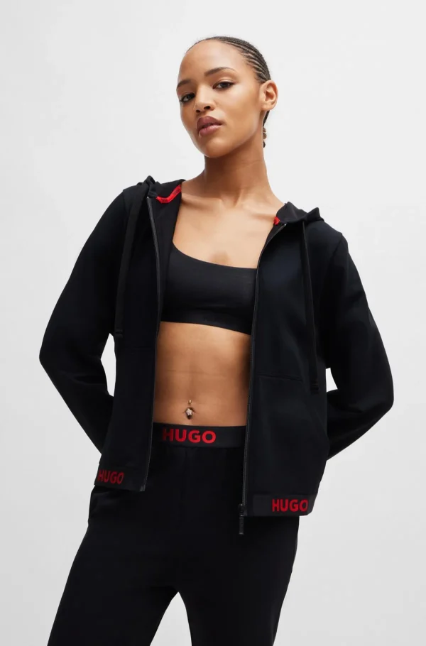 MULHER HUGO BOSS Pijamas E Loungewear>Camisola Com Capuz De Mistura De Algodão Com Fecho De Correr E Cós Com Logótipo