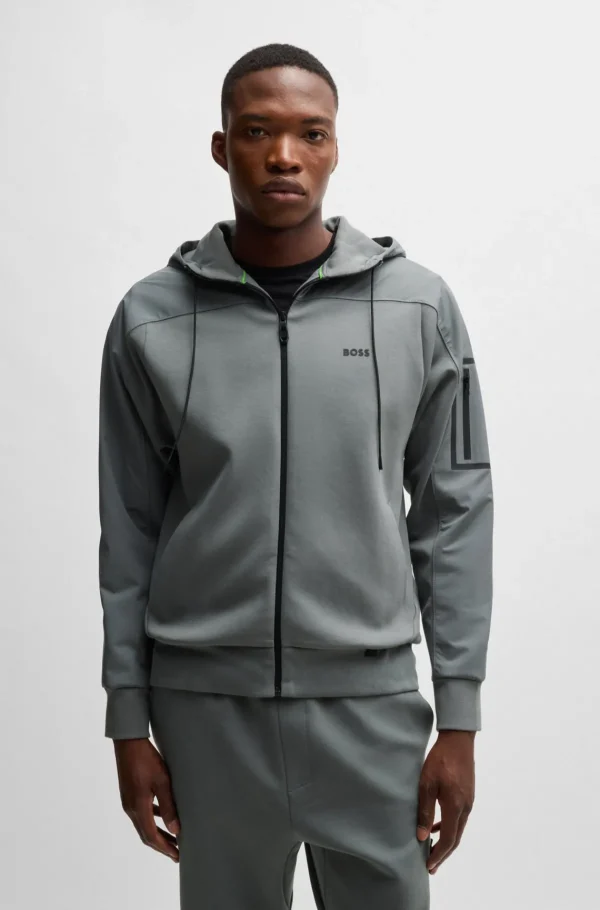 HUGO BOSS Sweats E Hoodies>Camisola Com Capuz E Fecho Em Mistura De Algodão Com Logótipo Refletor Decorativo