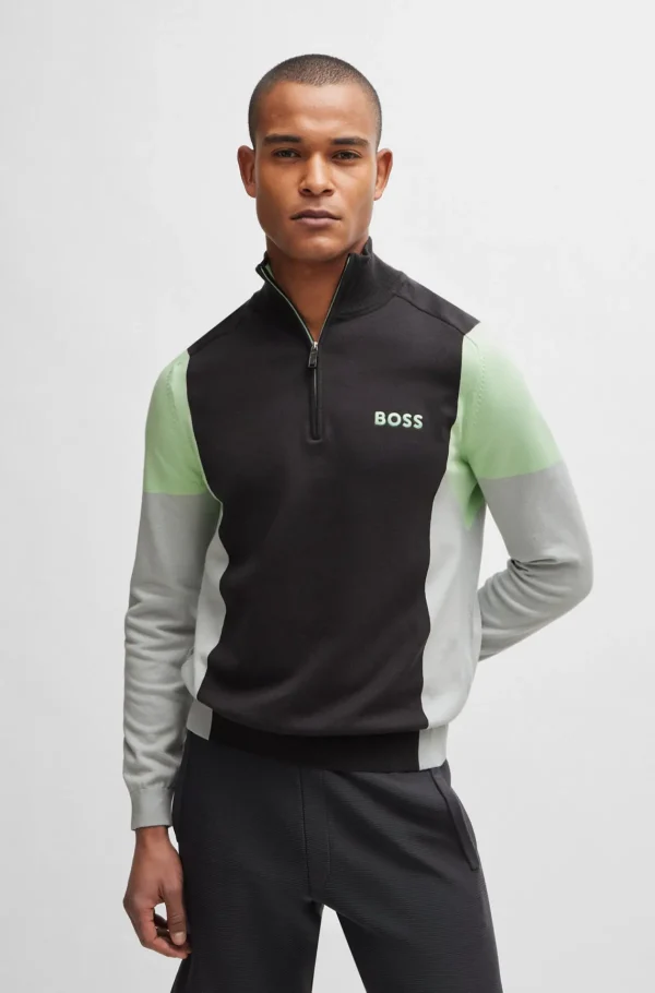 HUGO BOSS Camisolas E Cardigans>Camisola Com Fecho De Mistura De Algodão E Logótipos Bordados