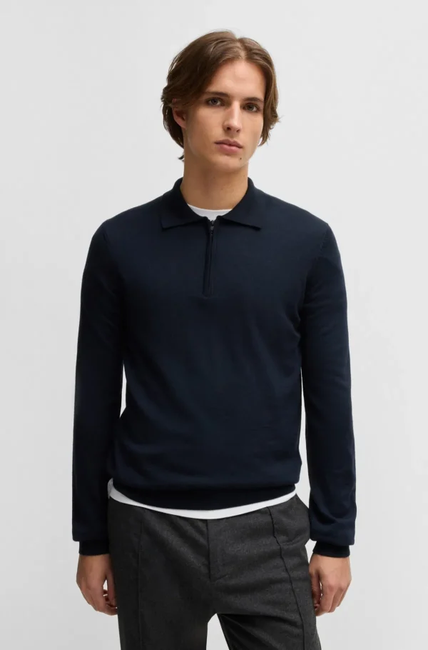 HUGO BOSS Camisolas E Cardigans>Camisola Com Fecho Em Lã Virgem Com Colarinho Polo