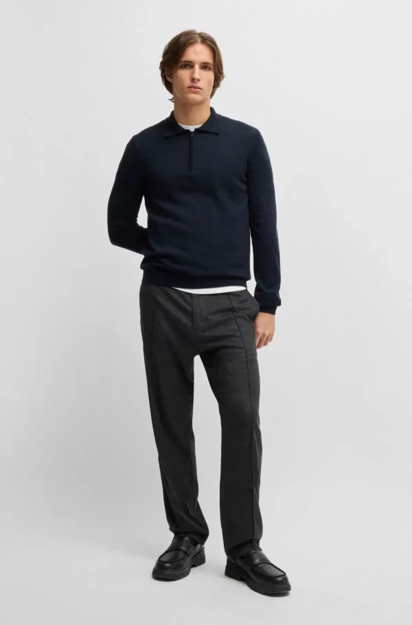 HUGO BOSS Camisolas E Cardigans>Camisola Com Fecho Em Lã Virgem Com Colarinho Polo