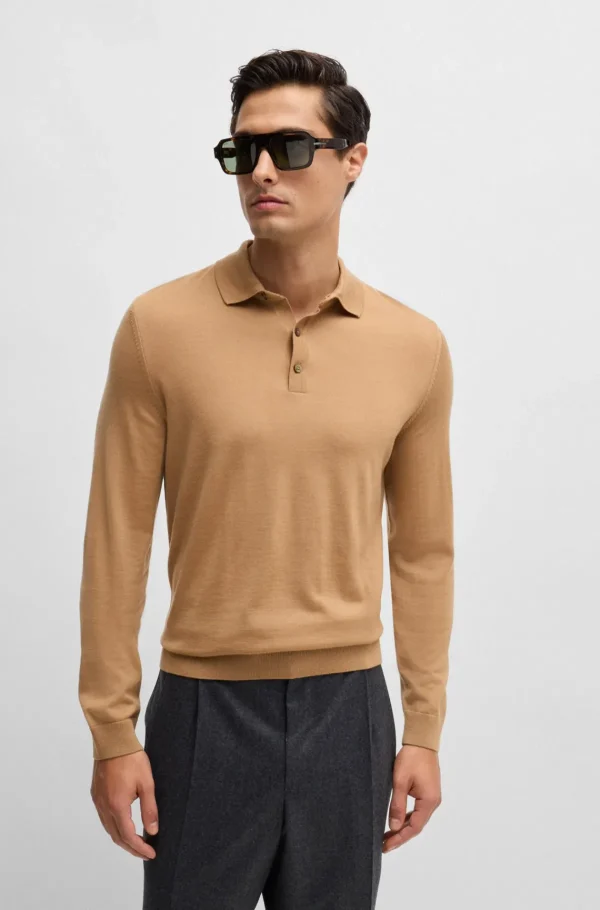 HUGO BOSS Camisolas E Cardigans>Camisola De Ajuste Slim Em Lã Virgem Com Colarinho Polo