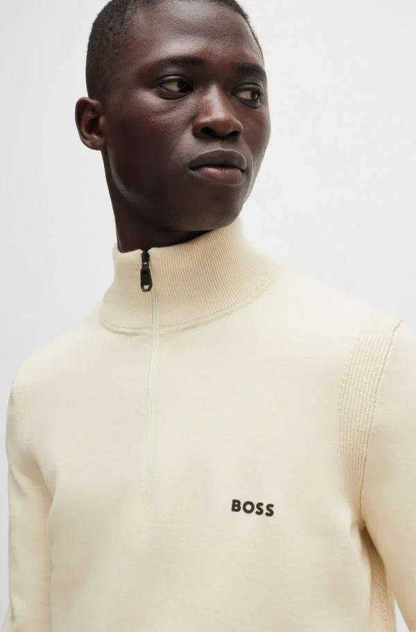 HUGO BOSS Camisolas E Cardigans>Camisola De Gola Com Fecho Em Mistura De Algodão Com Logótipo Estampado