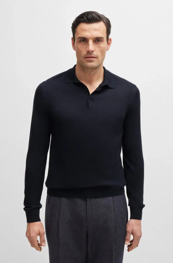 HUGO BOSS Camisolas E Cardigans>Camisola Polo De Ajuste Regular Em Lã, Seda E Caxemira