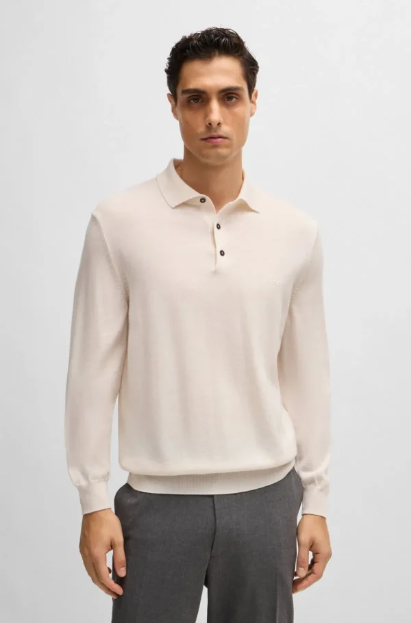 HUGO BOSS Camisolas E Cardigans>Camisola Polo Em Lã Virgem Com Logótipo Bordado