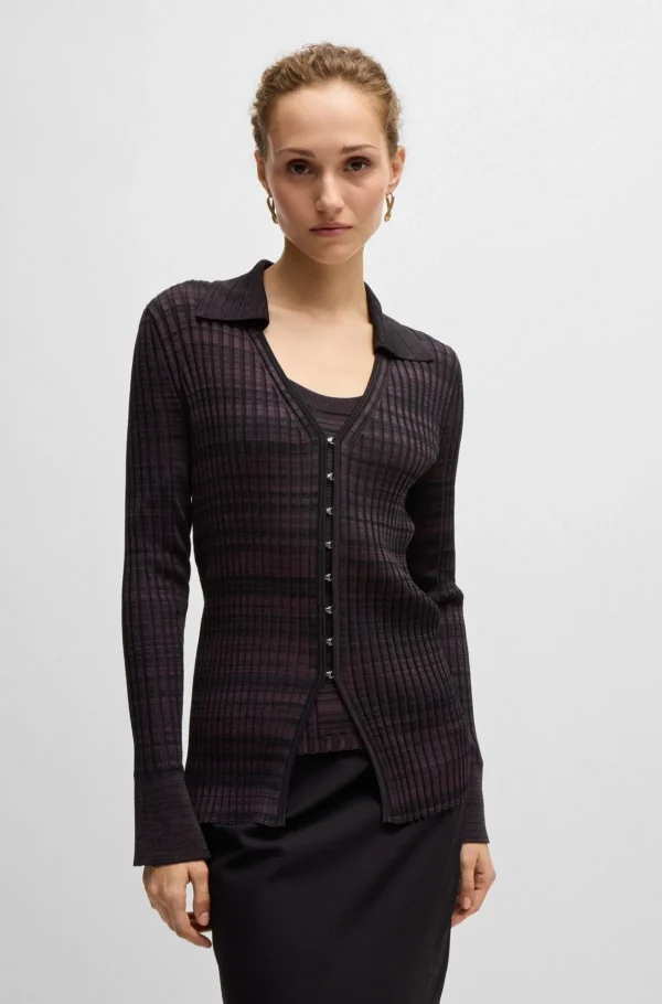 MULHER HUGO BOSS Camisolas E Cardigans>Cardigan De Gola Em V Em Tecido Elástico Canelado Com Colarinho