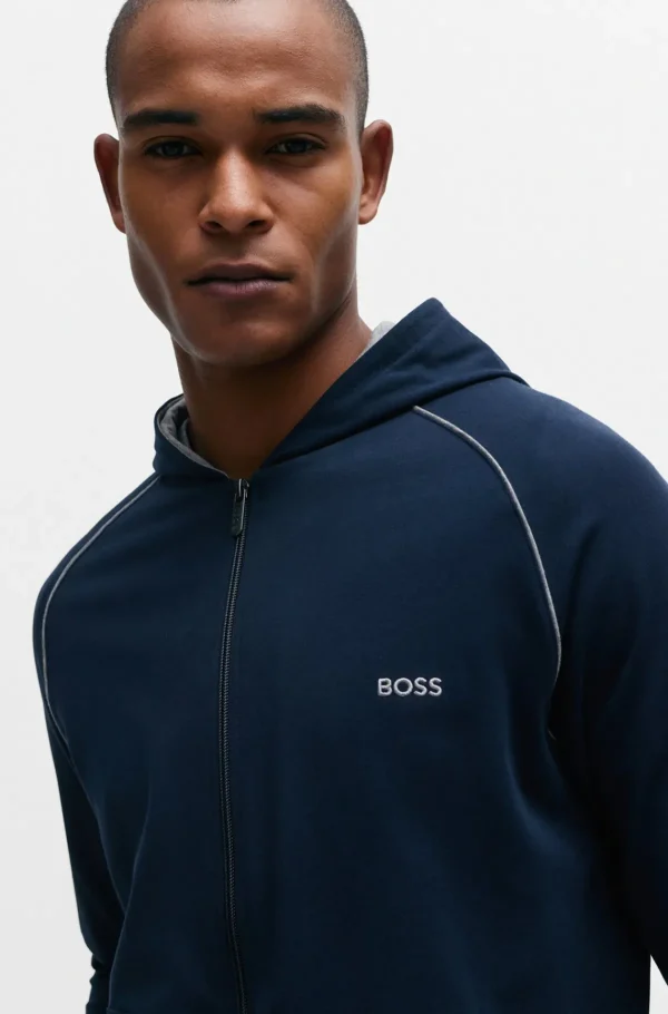 HUGO BOSS Pijamas E Loungewear>Casaco Com Capuz Em Algodão Elástico Com Fecho De Correr E Logótipo Bordado