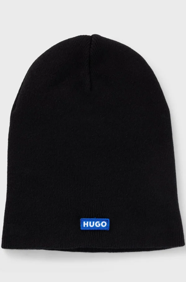 MULHER HUGO BOSS Gorros E Luvas>Gorro De Malha De Algodão Com Etiqueta De Logótipo Azul