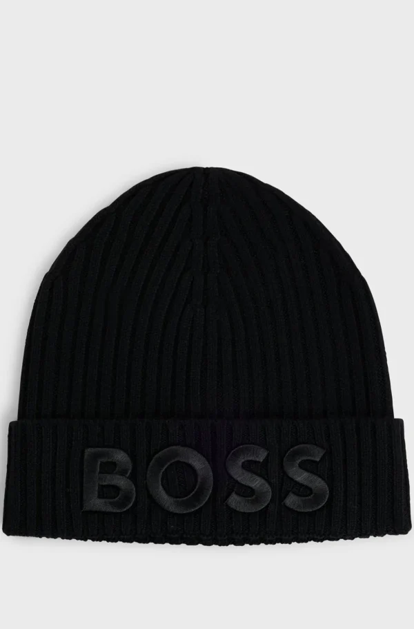 MULHER HUGO BOSS Gorros E Luvas>Gorro Em Lã Virgem Com Logótipo Bordado