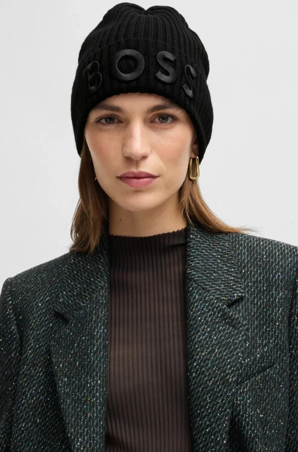 MULHER HUGO BOSS Gorros E Luvas>Gorro Em Lã Virgem Com Logótipo Bordado