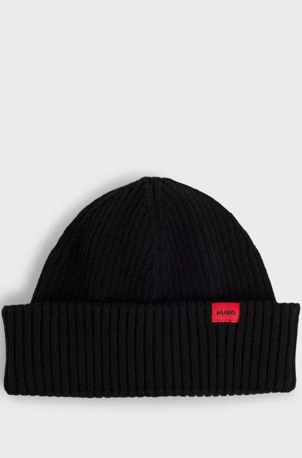 HUGO BOSS Bonés E Gorros>Gorro Em Mistura De Lã Canelado Com Etiqueta Com Logótipo