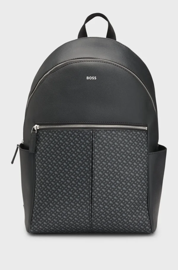 HUGO BOSS Malas>Mochila Em Pele Sintética Com Bolso Frontal Com Estampado De Monograma