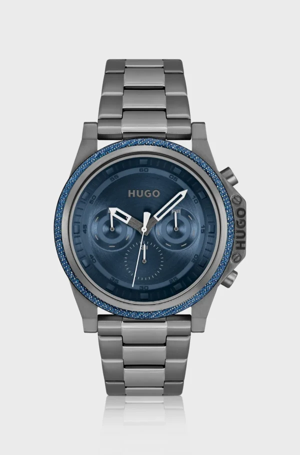 HUGO BOSS Relógios>Relógio Com Bracelete De Elos Com Mostrador Azul E Moldura Em Ganga