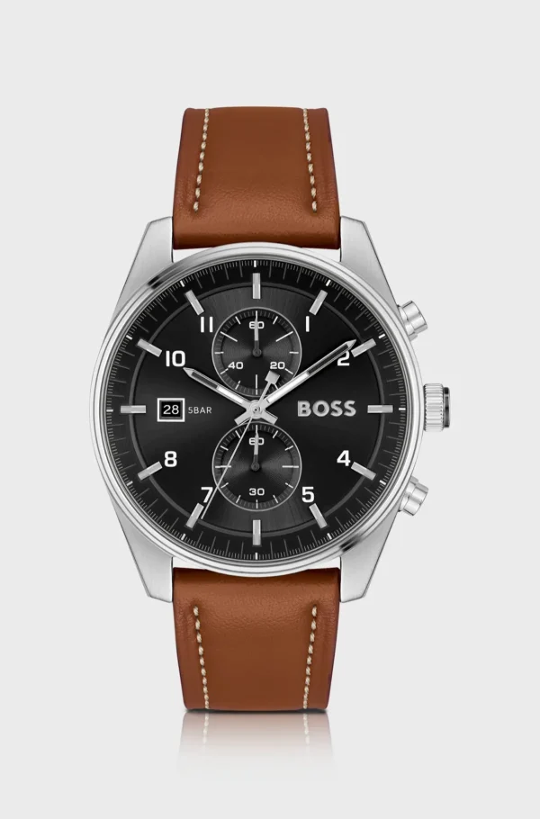 HUGO BOSS Relógios>Relógio Cronógrafo Com Mostrador Preto E Bracelete Em Pele Castanha