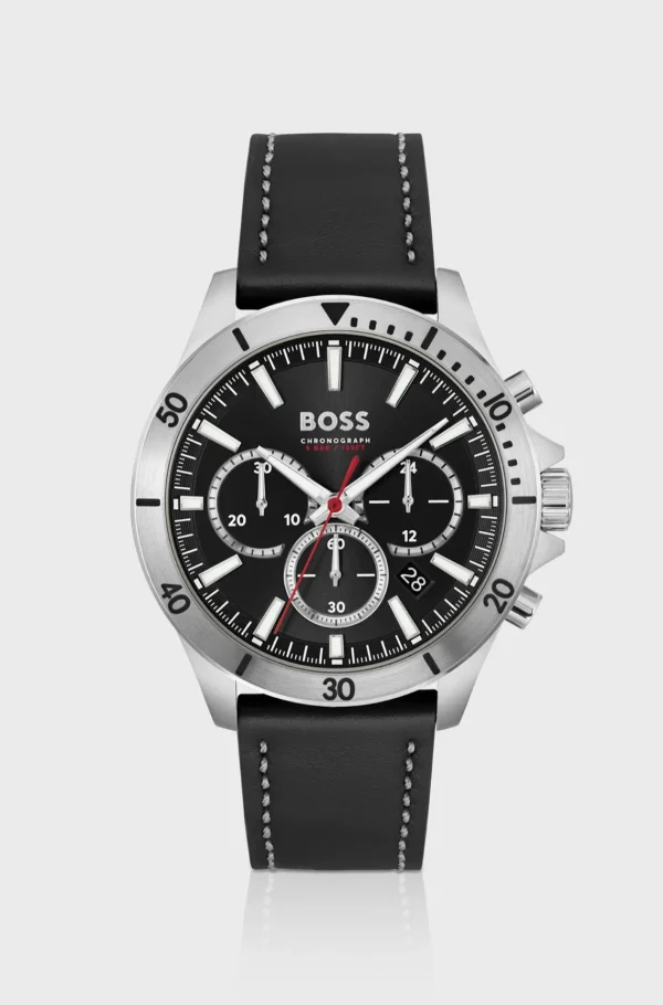 HUGO BOSS Relógios>Relógio Cronógrafo Com Vários Mostradores E Bracelete Em Pele Preta