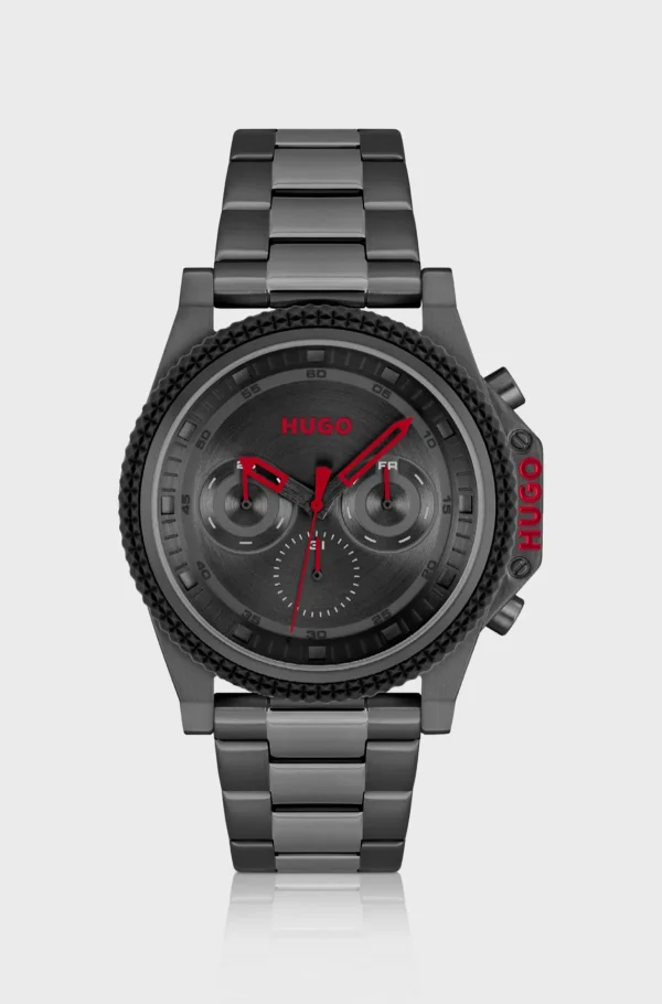 HUGO BOSS Relógios>Relógio De Bracelete Metálica Com Mostrador Preto E Moldura De Silicone