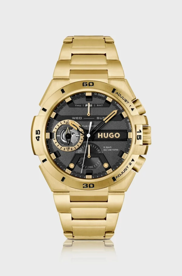 HUGO BOSS Relógios>Relógio De Mostrador Preto Em Aço Amarelo-dourado