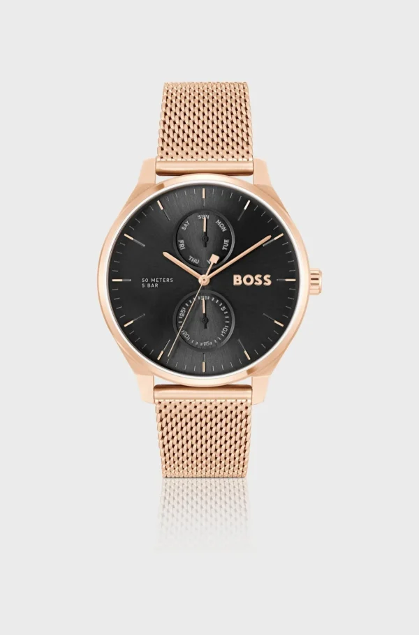 HUGO BOSS Relógios>Relógio De Mostrador Preto Com Bracelete De Malha Em Tom De Ouro Rosa