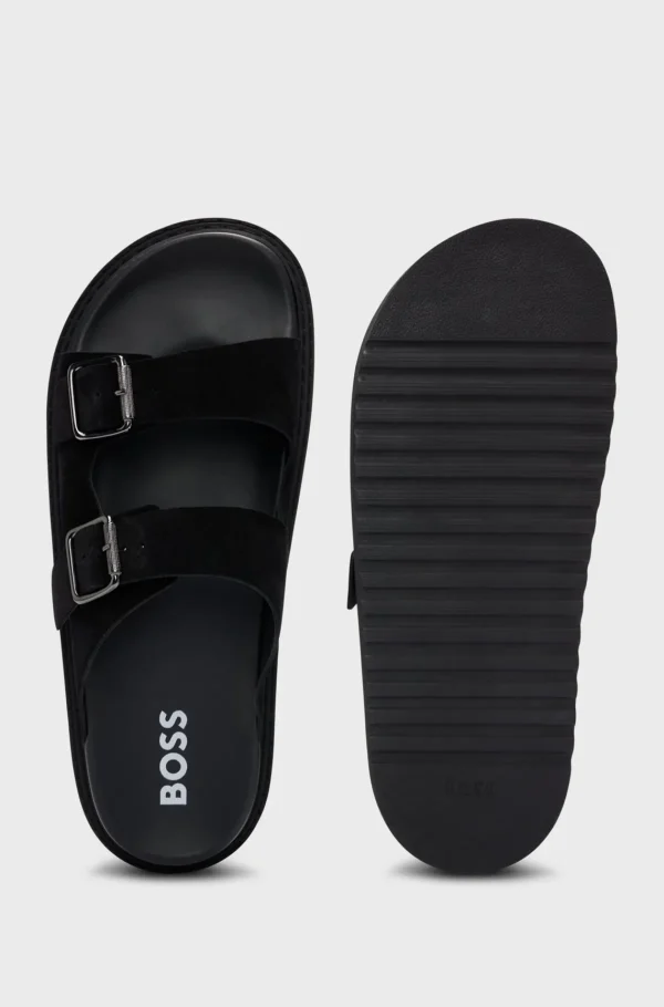 HUGO BOSS Slides>Sandálias De Duas Tiras Com Parte Superior Em Camurça E Fecho De Fivela