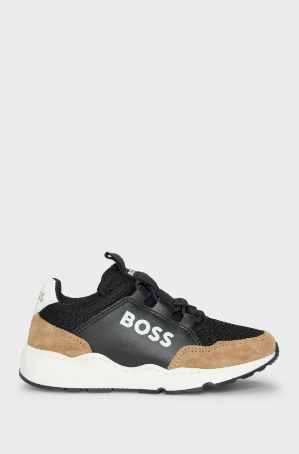 Crianças HUGO BOSS Sapatos>Sapatilhas Para Criança Em Pele E Mesh Com Logótipo Estampado