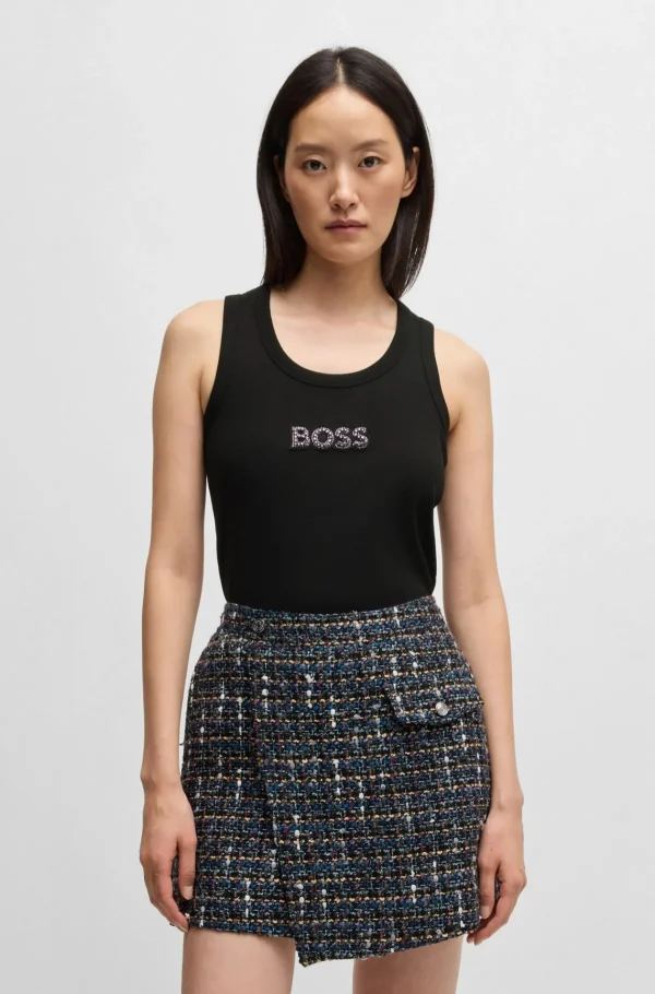 MULHER HUGO BOSS T-Shirts E Tops>Top De Alças De Algodão Elástico Canelado Com Emblema De Logótipo De Cristal