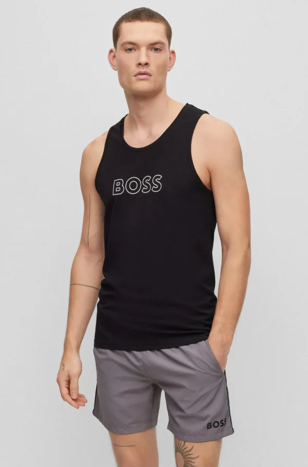 HUGO BOSS Fatos De Banho | Roupa De Praia>Top Sem Mangas Em Jersey De Algodão Com Logótipo De Contorno