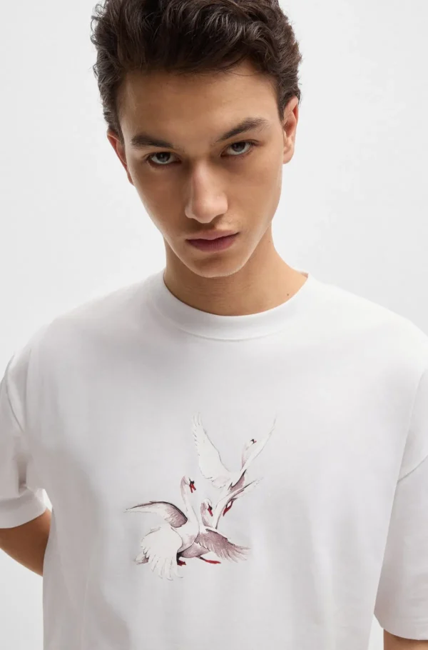 HUGO BOSS T-Shirts>T-shirt De Ajuste Grande HUGO X Les Benjamins Com Gráfico Do Cisne