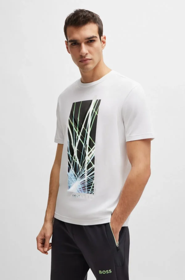 HUGO BOSS T-Shirts>T-shirt De Ajuste Regular Em Algodão Elástico Com Motivo Sazonal