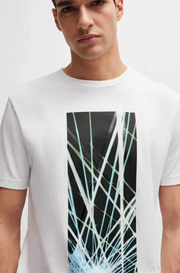 HUGO BOSS T-Shirts>T-shirt De Ajuste Regular Em Algodão Elástico Com Motivo Sazonal