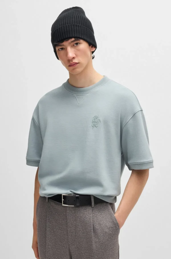 HUGO BOSS T-Shirts>T-shirt De Algodão Elástico Com Logótipo Sobreposto E Punhos Canelados