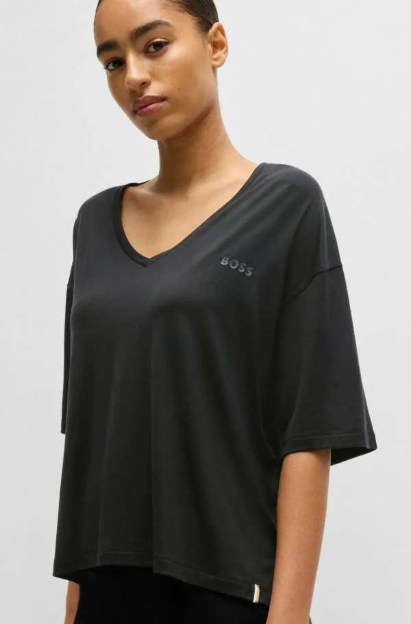 MULHER HUGO BOSS Pijamas E Loungewear>T-shirt De Gola Em V De Ajuste Descontraído Em Jersey Elástico