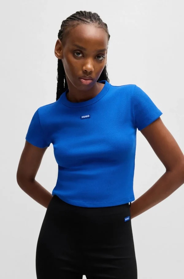 MULHER HUGO BOSS T-Shirts E Tops>T-shirt Em Algodão Elástico De Ajuste Slim Com Etiqueta Do Logótipo Azul