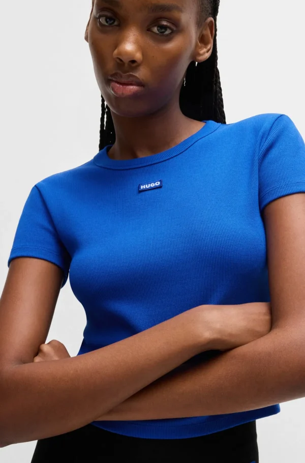 MULHER HUGO BOSS T-Shirts E Tops>T-shirt Em Algodão Elástico De Ajuste Slim Com Etiqueta Do Logótipo Azul