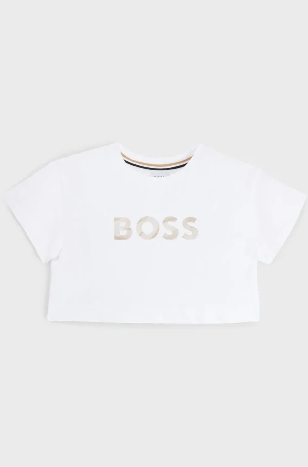 Crianças HUGO BOSS Partes De Cima Para Rapariga>T-shirt Para Criança Em Algodão Elástico Com Logótipo Metálico Estampado